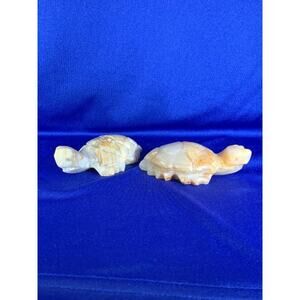 Pair of Hand Carved White and Tan Stone Turtles